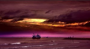 Purple sunset scene of a boat on the sea.